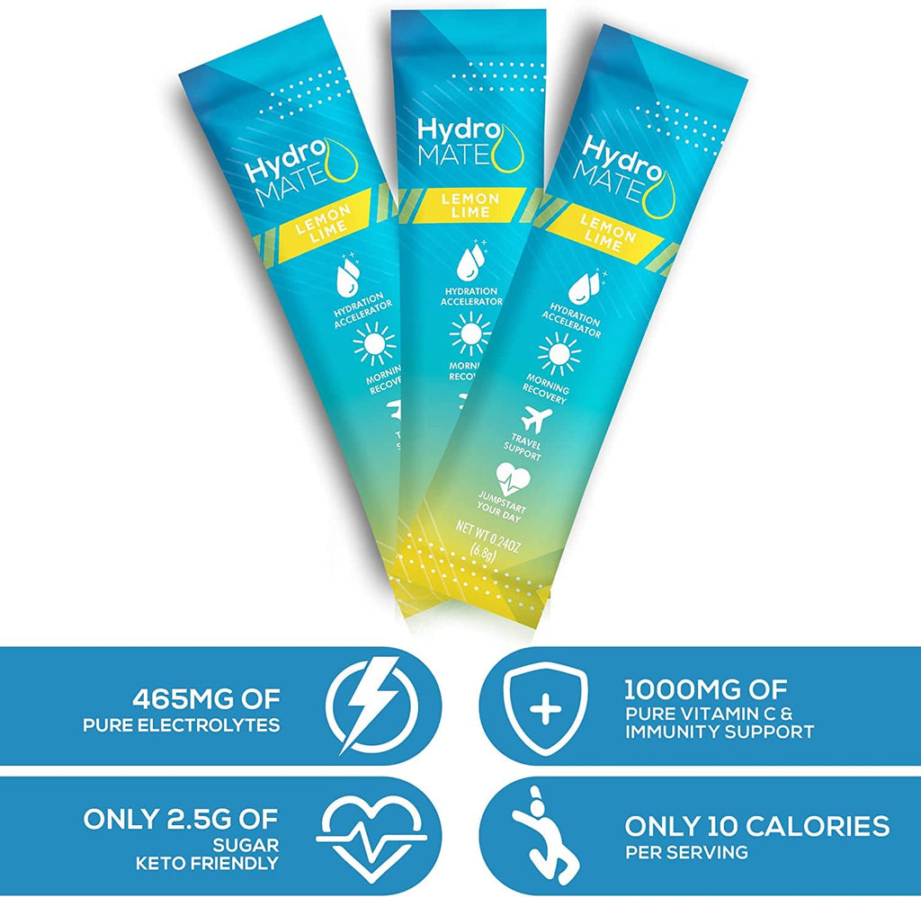 HydroMATE Electrolyte Powder Lemon Lime Hydration Packets Low Sugar 30 Count - FENGGESTORE20