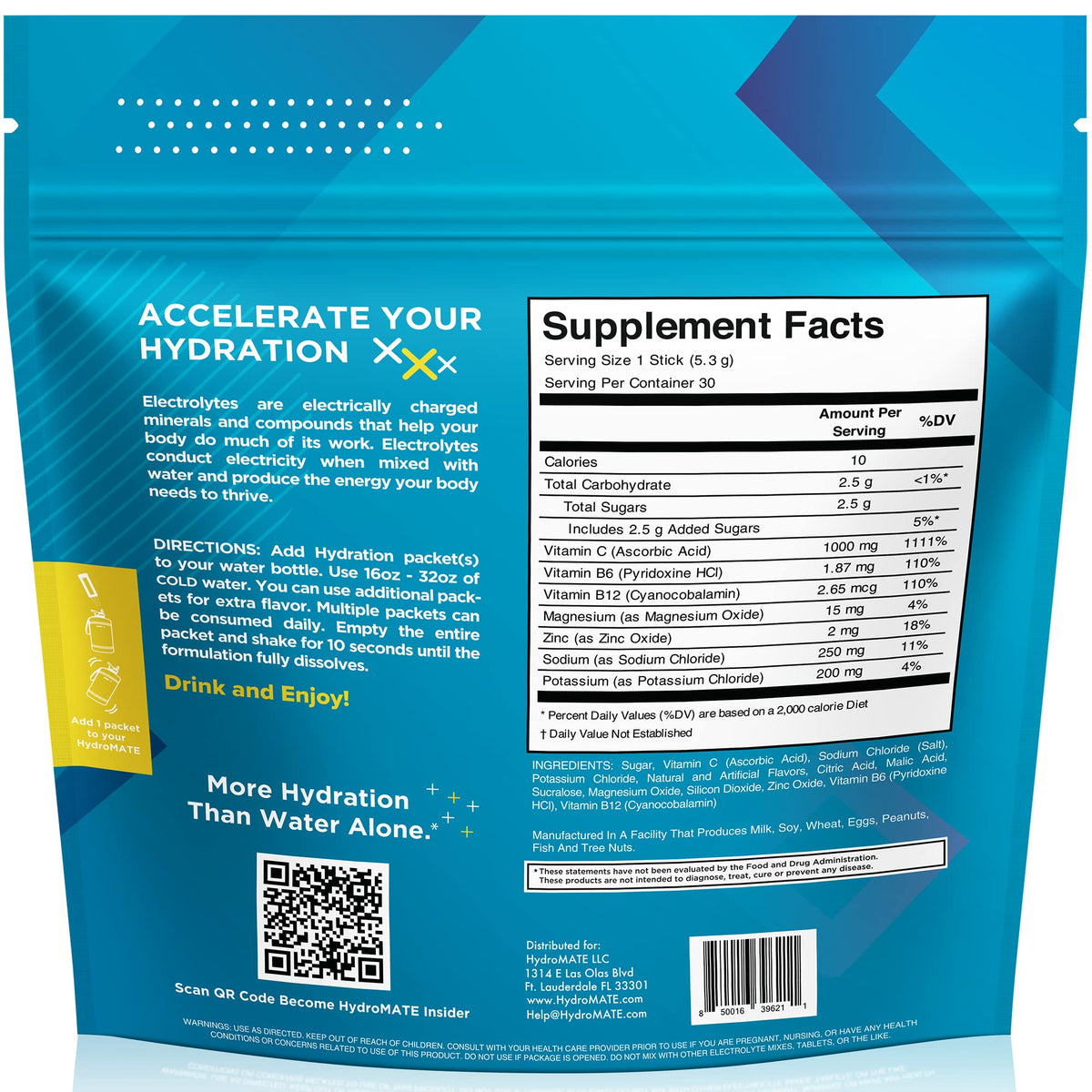 HydroMATE Electrolyte Powder Lemon Lime Hydration Packets Low Sugar 30 Count - FENGGESTORE20