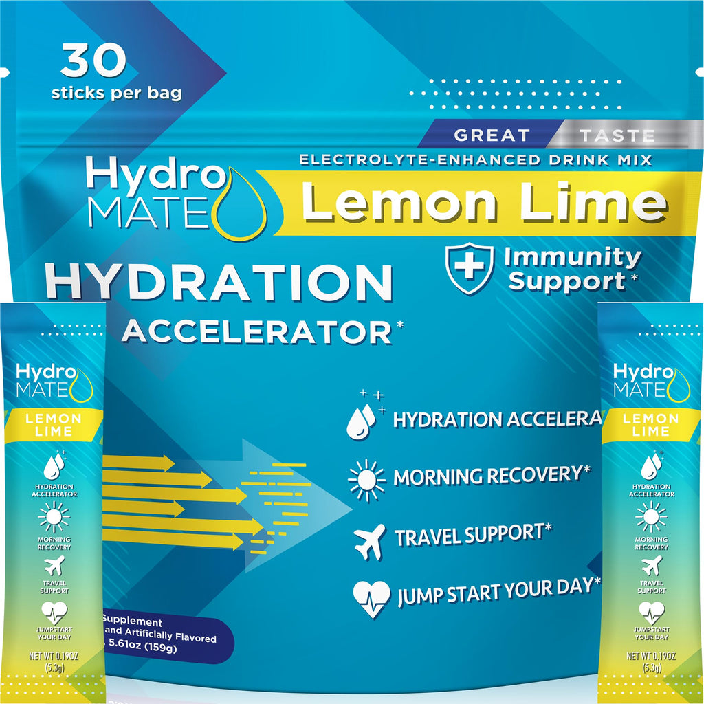 HydroMATE Electrolyte Powder Lemon Lime Hydration Packets Low Sugar 30 Count - FENGGESTORE20