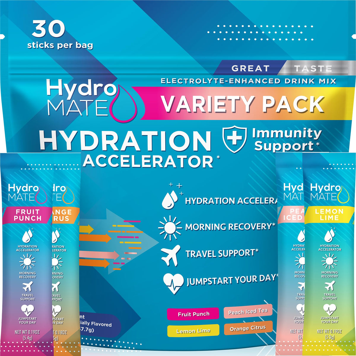 HydroMATE Electrolyte Powder Variety Pack Hydration Packets Low Sugar 30 Count - FENGGESTORE20