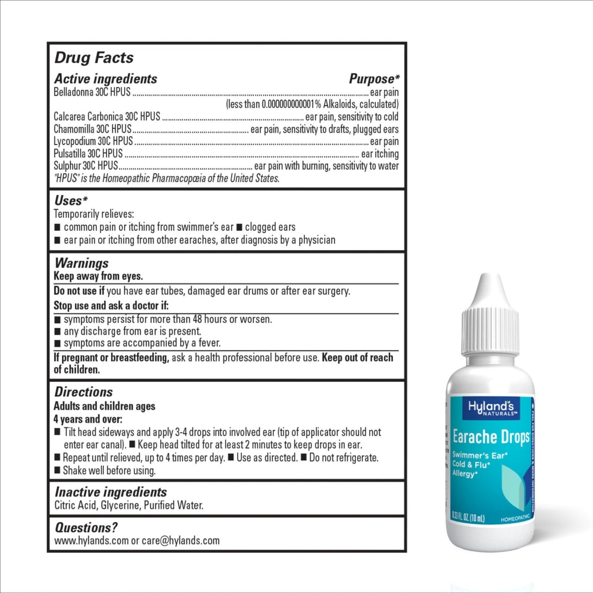 Hyland's Earache Drops, Natural Relief of Swimmer's Ear, Cold and Flu, Allergy Symptoms, Ages 4 and up, Day and Night, 0.33 Fl Oz - FENGGESTORE20
