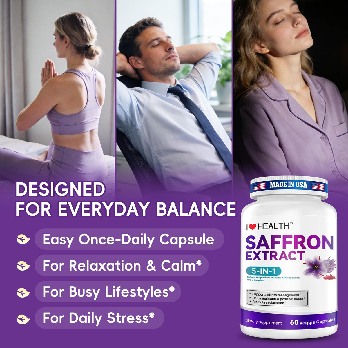 I LOVE HEALTH Saffron Supplement – 88.5mg with Magnesium Glycinate, Ashwagandha & L-Theanine for Stress Relief, Calm Mood & Emotional Balance – Made in USA – 60 Capsules - FENGGESTORE20