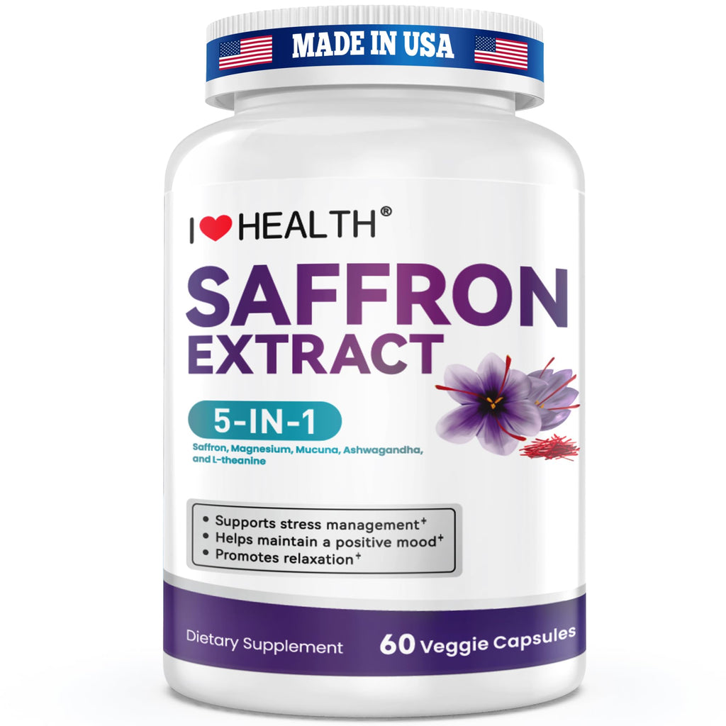 I LOVE HEALTH Saffron Supplement – 88.5mg with Magnesium Glycinate, Ashwagandha & L-Theanine for Stress Relief, Calm Mood & Emotional Balance – Made in USA – 60 Capsules - FENGGESTORE20