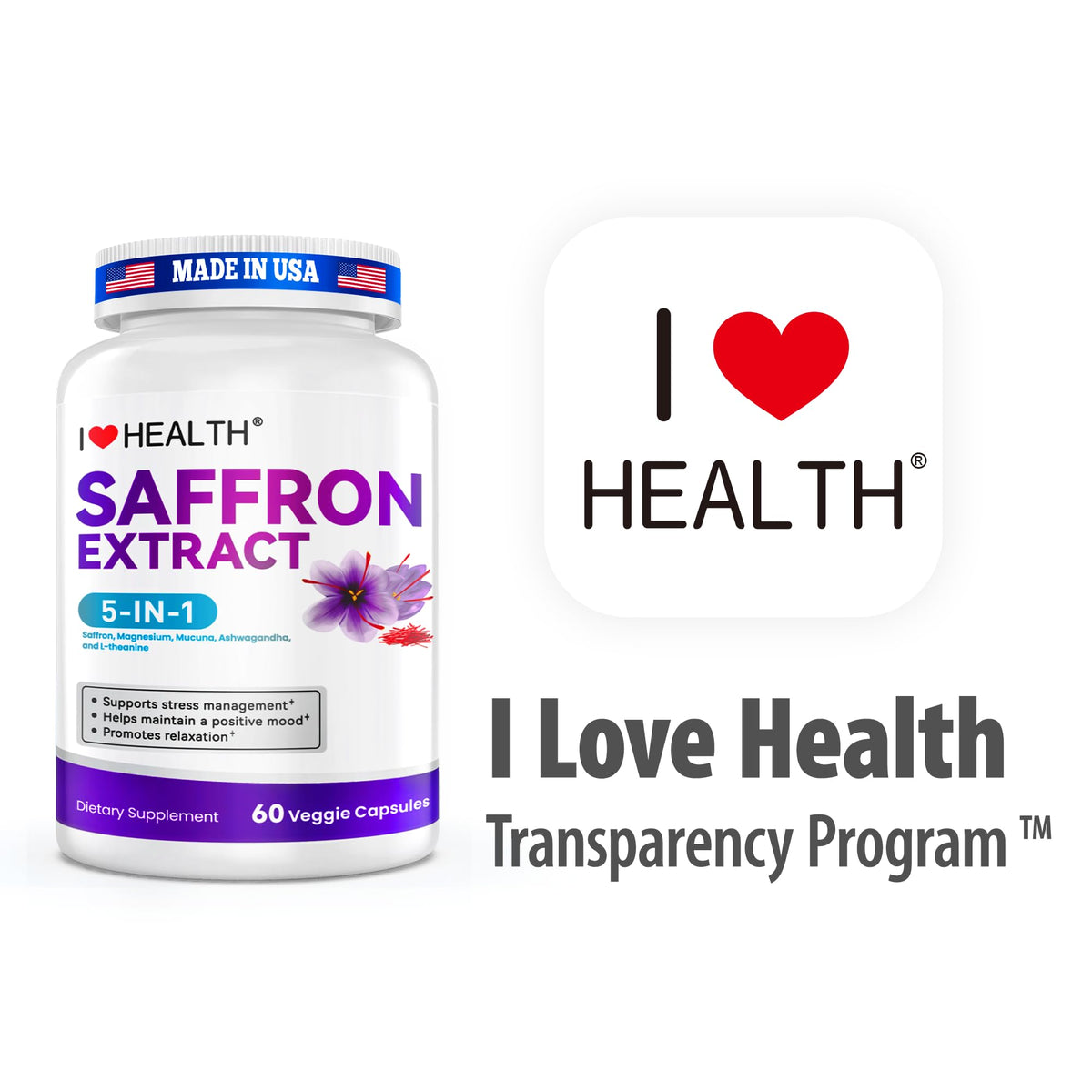 I LOVE HEALTH Saffron Supplement – 88.5mg with Magnesium Glycinate, Ashwagandha & L-Theanine for Stress Relief, Calm Mood & Emotional Balance – Made in USA – 60 Capsules - FENGGESTORE20