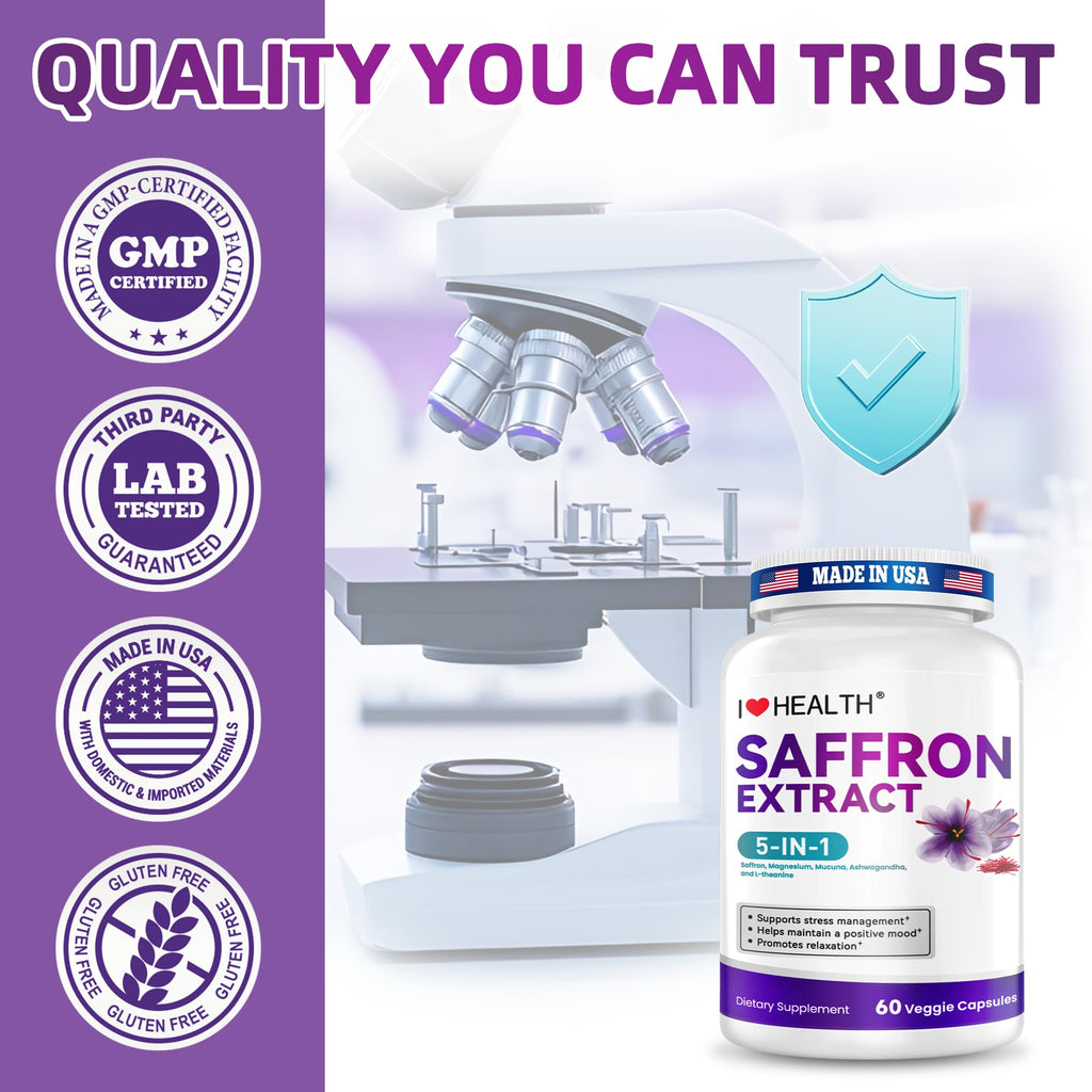 I LOVE HEALTH Saffron Supplement – 88.5mg with Magnesium Glycinate, Ashwagandha & L-Theanine for Stress Relief, Calm Mood & Emotional Balance – Made in USA – 60 Capsules - FENGGESTORE20
