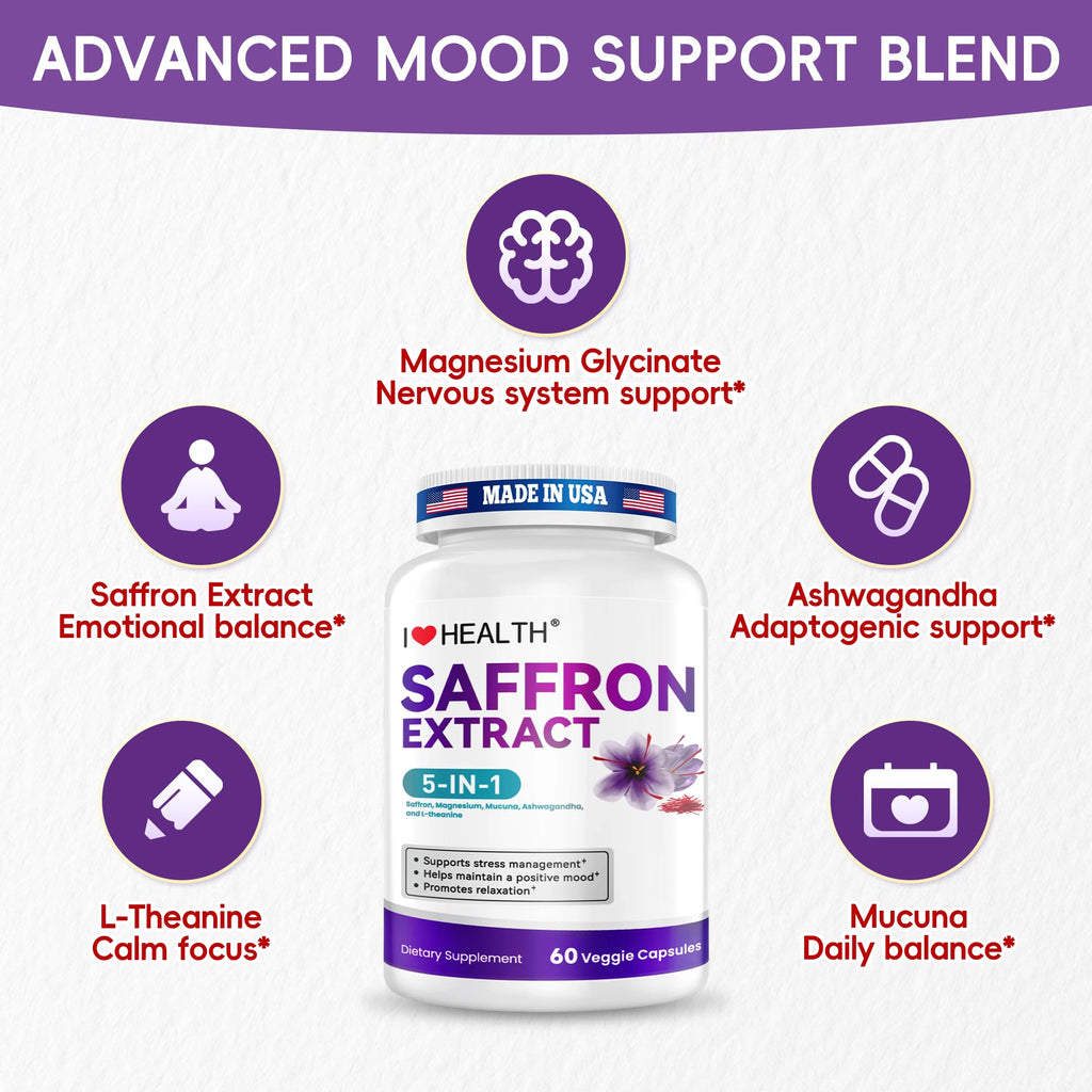 I LOVE HEALTH Saffron Supplement – 88.5mg with Magnesium Glycinate, Ashwagandha & L-Theanine for Stress Relief, Calm Mood & Emotional Balance – Made in USA – 60 Capsules - FENGGESTORE20