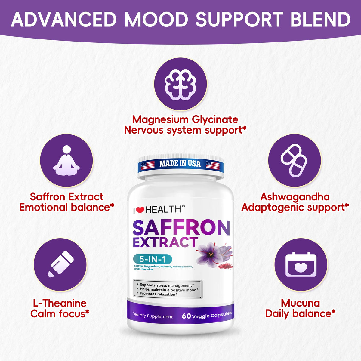 I LOVE HEALTH Saffron Supplement – 88.5mg with Magnesium Glycinate, Ashwagandha & L-Theanine for Stress Relief, Calm Mood & Emotional Balance – Made in USA – 60 Capsules - FENGGESTORE20