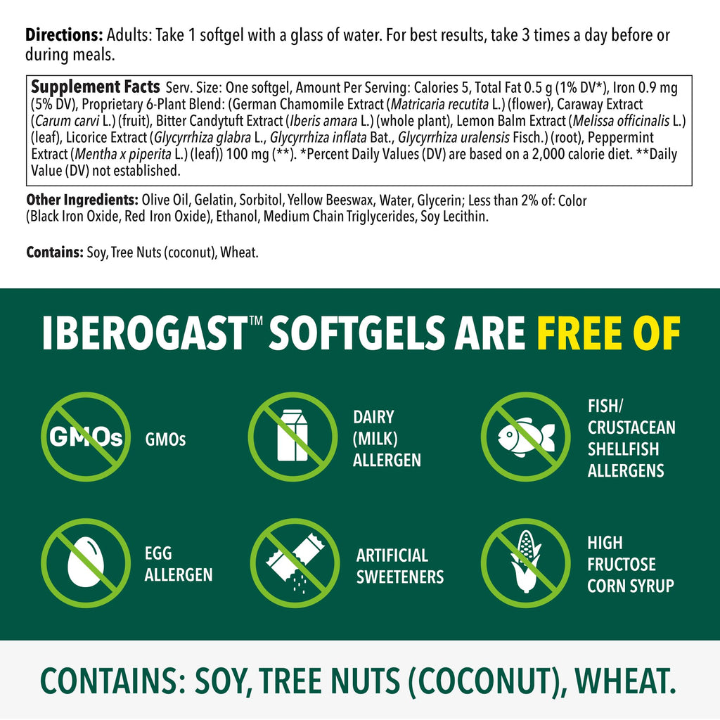 Iberogast Softgels, Herbal Relief of Stomach Upsets: Occasional Indigestion, Bloating, Gas, Nausea, Upset Stomach; 6-Herb Blend with Iberis Amara, Peppermint, Licorice, Lemon Balm; 30ct - FENGGESTORE20