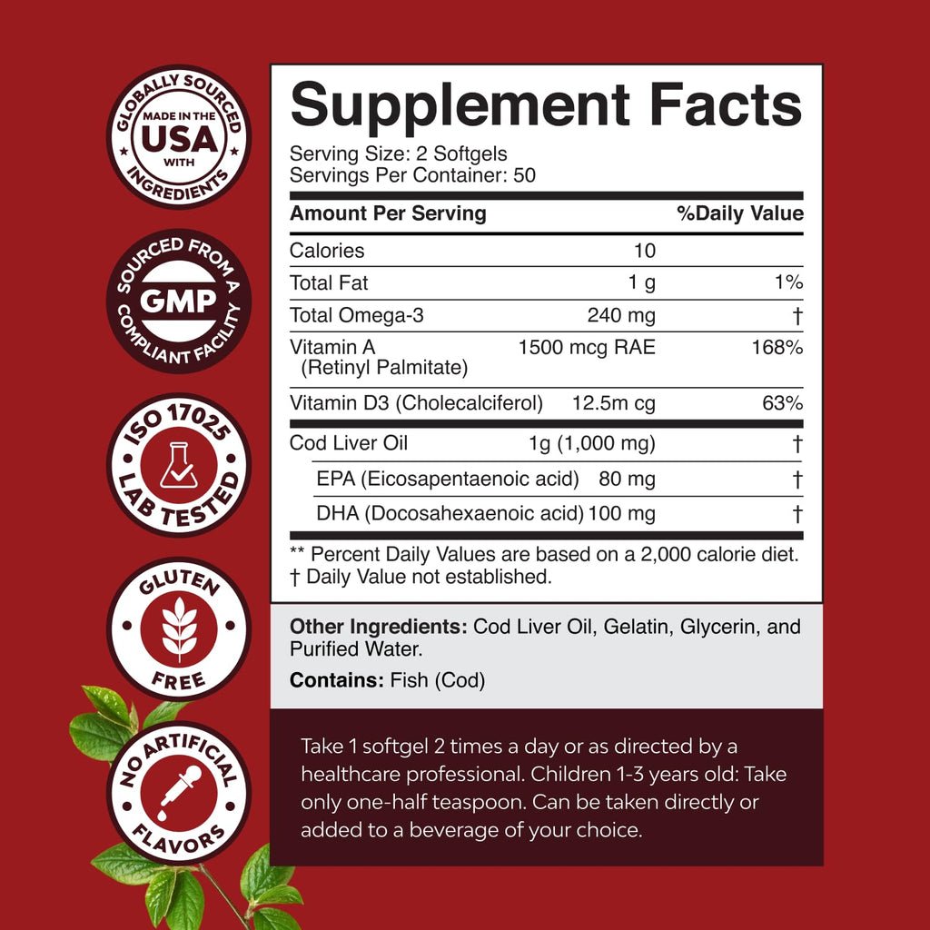 Icelandic Wild Caught Cod Liver Oil Softgels - Fish Omega 3, EPA, DHA, Vitamin D & A, 1000mg Per Serving - Burpless Capsules for Heart - FENGGESTORE20
