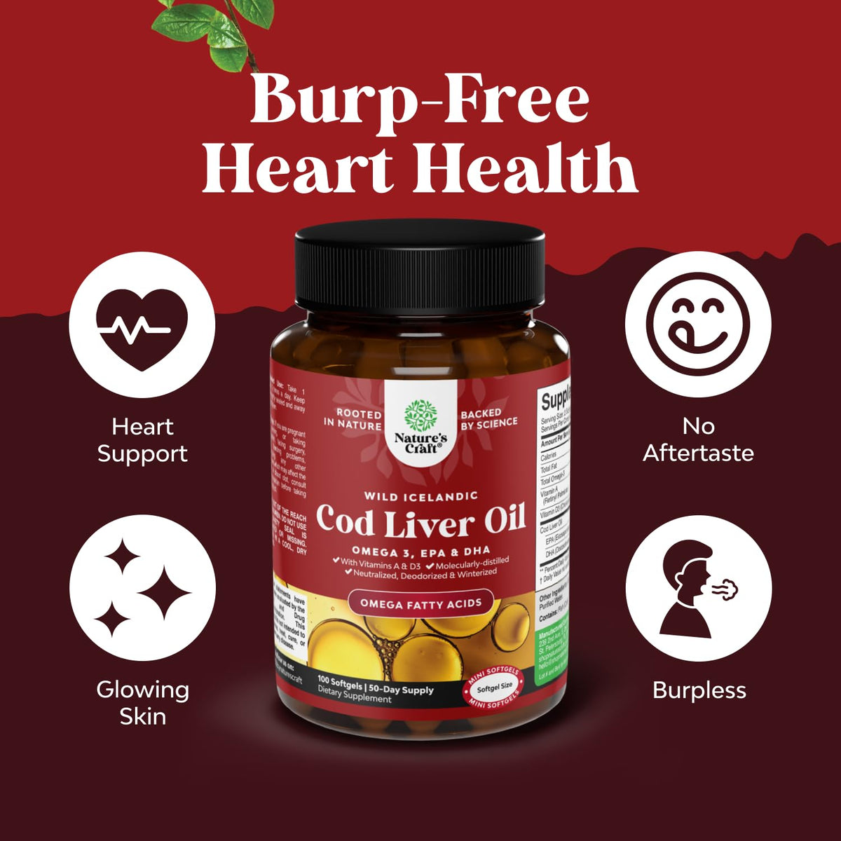Icelandic Wild Caught Cod Liver Oil Softgels - Fish Omega 3, EPA, DHA, Vitamin D & A, 1000mg Per Serving - Burpless Capsules for Heart - FENGGESTORE20