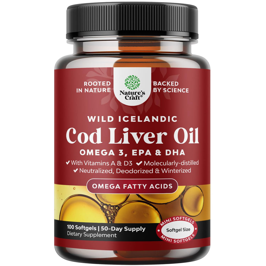 Icelandic Wild Caught Cod Liver Oil Softgels - Fish Omega 3, EPA, DHA, Vitamin D & A, 1000mg Per Serving - Burpless Capsules for Heart - FENGGESTORE20