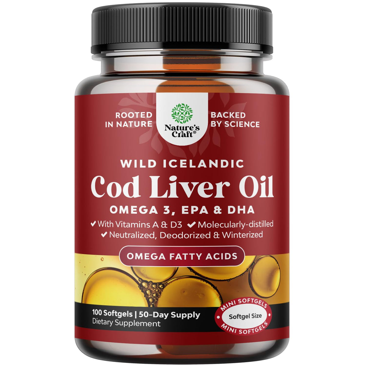 Icelandic Wild Caught Cod Liver Oil Softgels - Fish Omega 3, EPA, DHA, Vitamin D & A, 1000mg Per Serving - Burpless Capsules for Heart - FENGGESTORE20