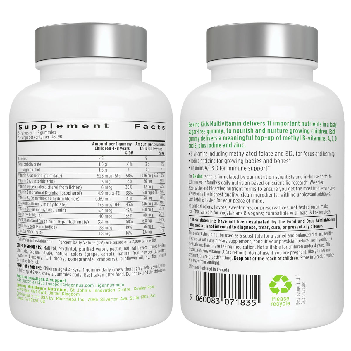 Igennus Methylated Kids Multivitamin Gummies, Clean Label & Third Party Tested, No Artificial Sweeteners or Flavors, Sugar Free, Age 4+, 90 Natural Berry Flavor - FENGGESTORE20