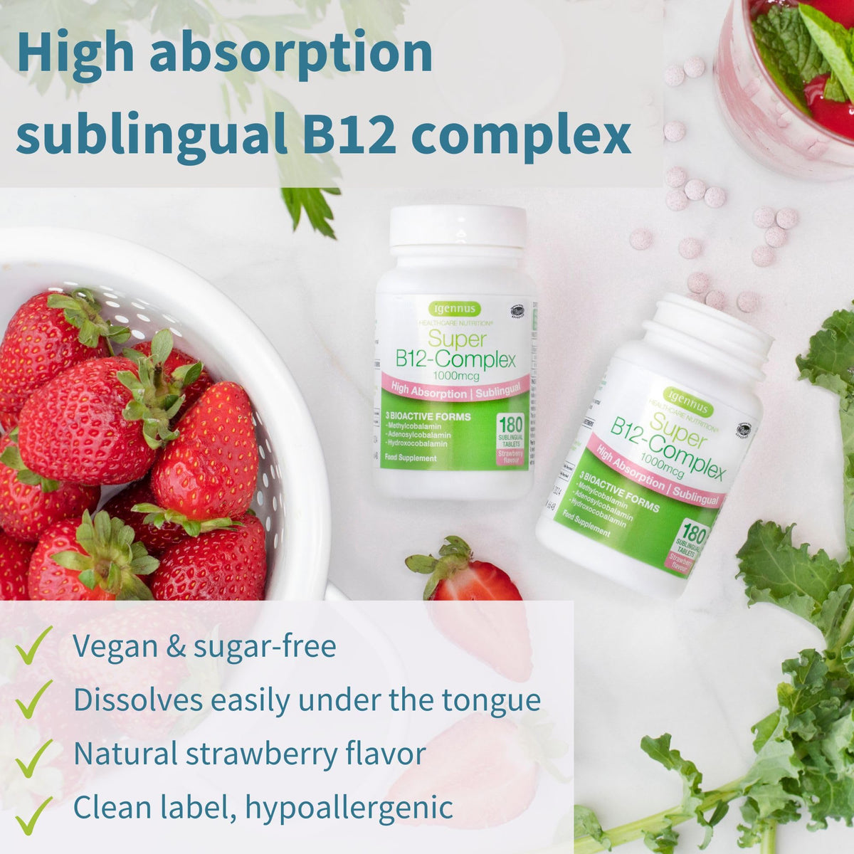Igennus Sublingual Vitamin B12 Complex 1000mcg, Methylated Methylcobalamin, Adenosylcobalamin & Hydroxocobalamin, High Absorption & Clean, - FENGGESTORE20