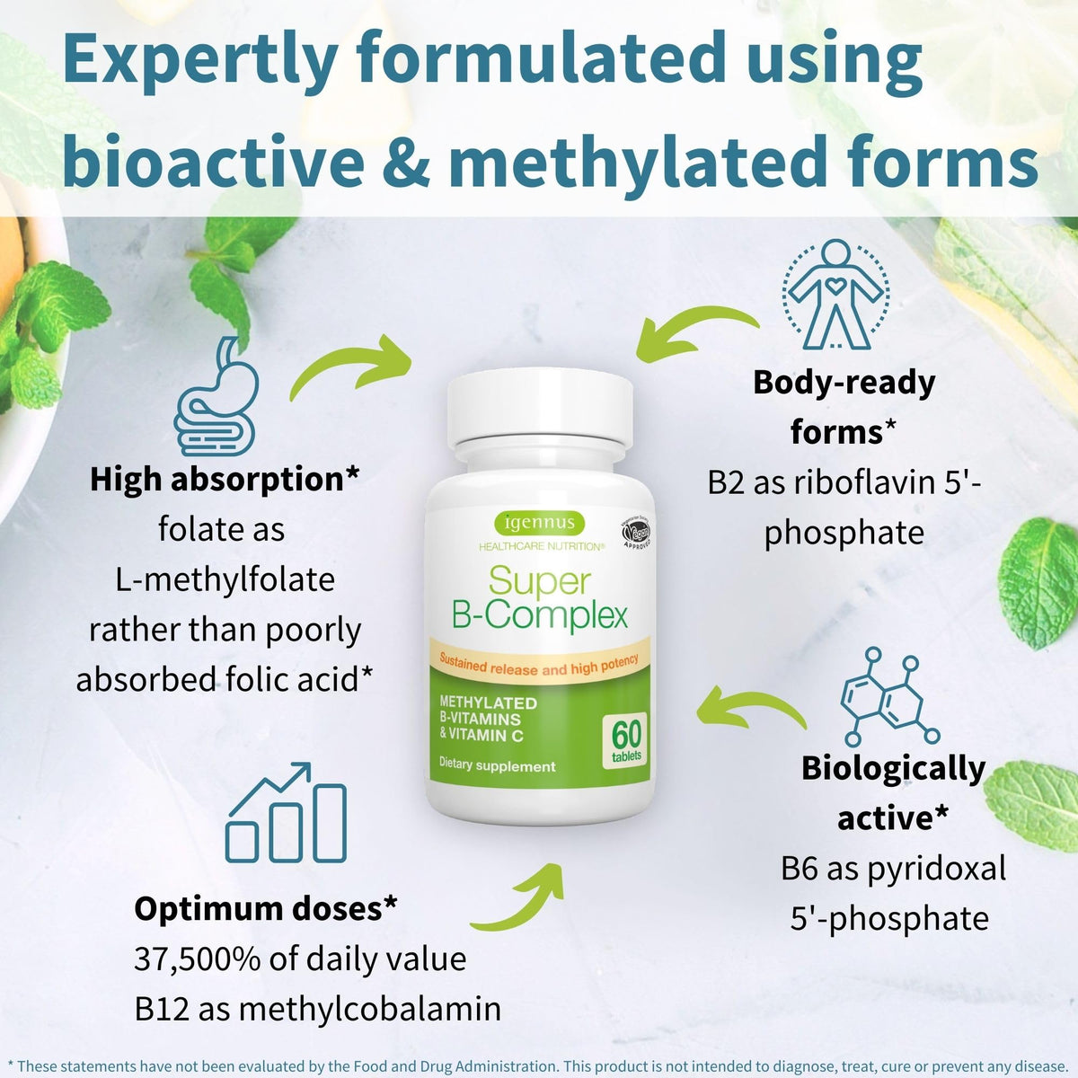 Igennus Super B-Complex Methylated B Vitamins - Sustained Release, Clean Label & High Absorption, with 5-MTHF Folate & Methyl B12, Energy, Mood & Cognitive Performance - FENGGESTORE20