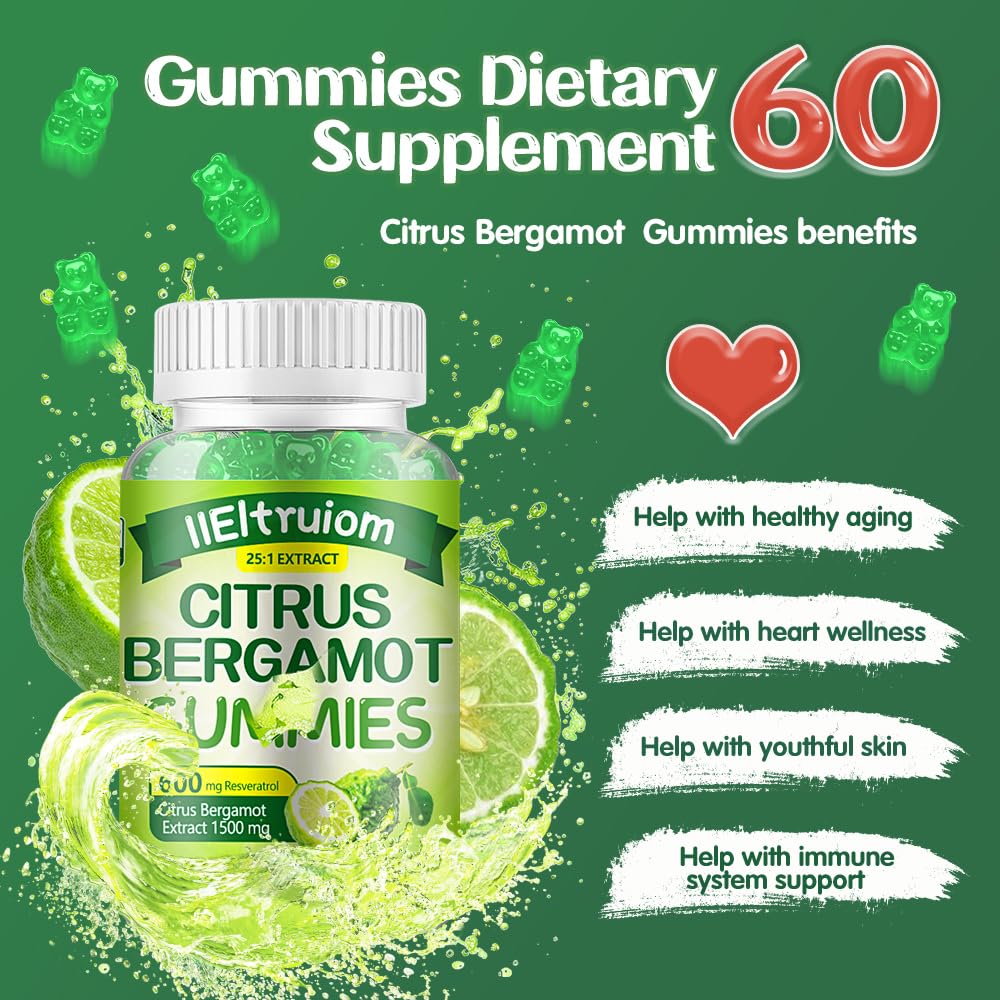 IIEltruiom Citrus Bergamot 1500mg, Citrus Bergamot Gummies for Healthy Cholesterol, Bergamot Supplements 25:1 Extract from Italy Bergamot, - FENGGESTORE20