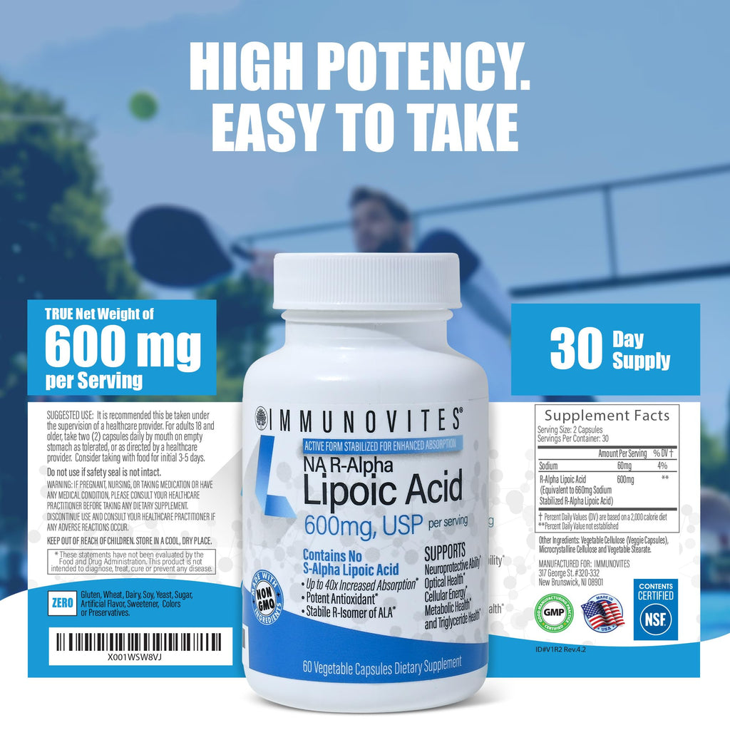 IMMUNOVITES Stabilized R-Alpha Lipoic Acid ((True)) 600mg per Serving [[High Potency & up to 40x Increased Absorption]] - FENGGESTORE20