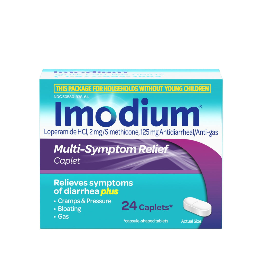 Imodium Multi-Symptom Relief Caplets with Loperamide Hydrochloride & Simethicone, Anti-Diarrheal Medicine for Treatment of Diarrhea, Gas, Bloating, Cramps & Pressure, Traveler's Diarrhea, 24 ct - FENGGESTORE20