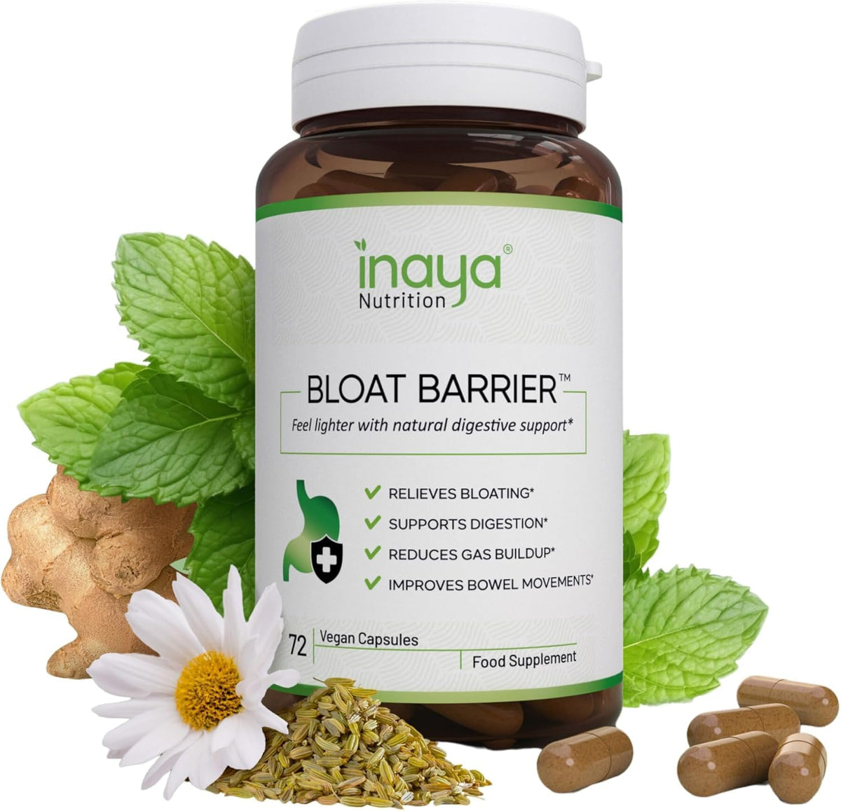 Inaya Nutrition BloatBarrier 72 Capsules - Natural Digestion and Bloating Supplement for Stomach Bloating Relief, Gas Reduction, and Improved Bowel Movements - FENGGESTORE20