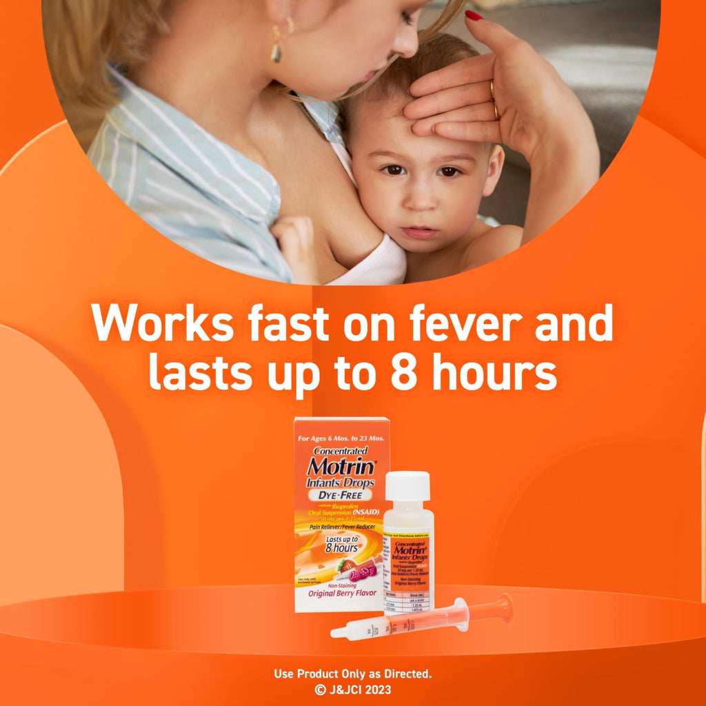 Infants’ Motrin Infant Ibuprofen Oral Suspension Concentrated Drops, NSAID Fever Reducer & Pain Reliever for Babies, Dye Free, Alcohol-Free, Berry Flavor, Includes Enclosed Syringe, 1 fl. oz - FENGGESTORE20