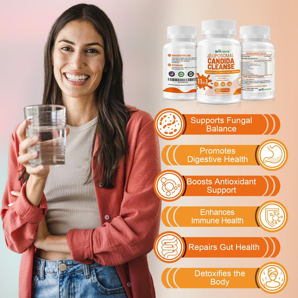 inGreens 11-in-1 Candida Support Supplement, Antifungal Overgrowth, Intestinal Detox & Gut Health for Women & Men, Balance Probiotic - FENGGESTORE20