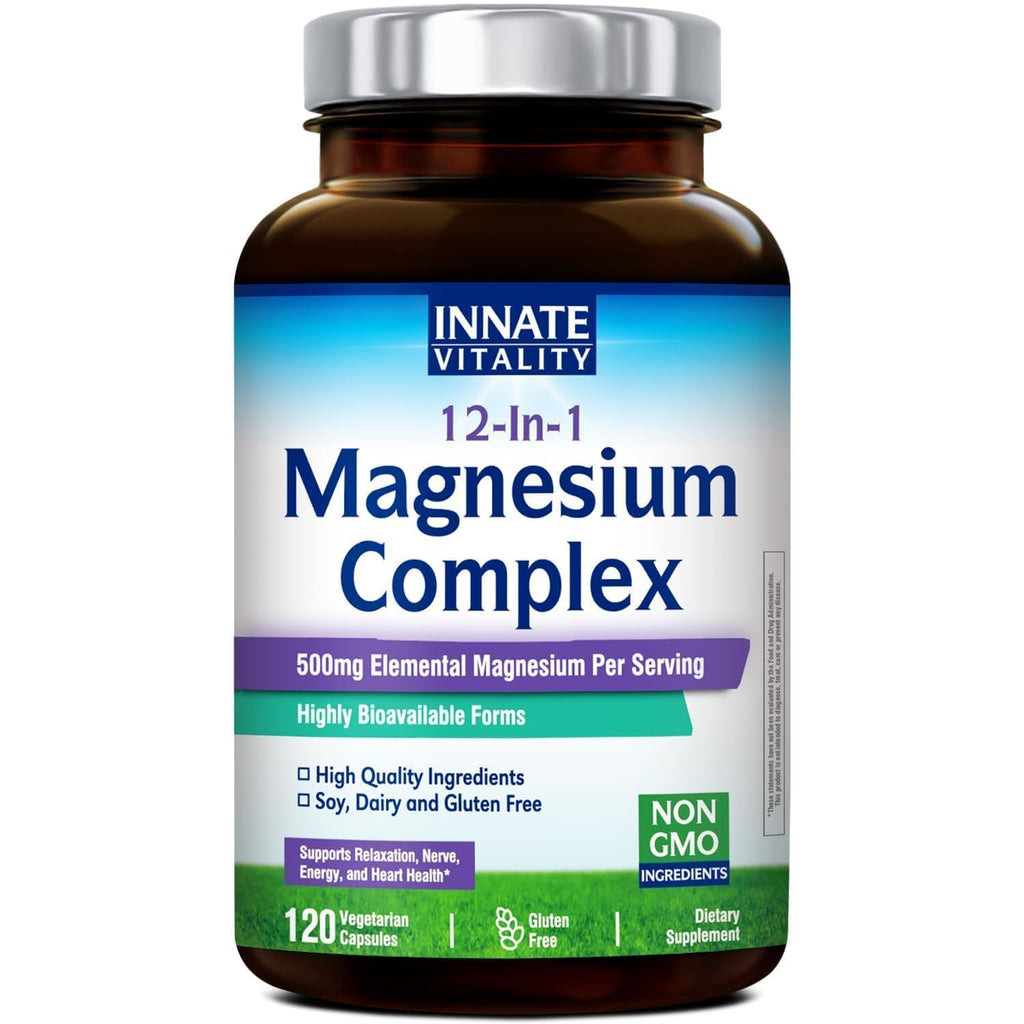 Innate Vitality 12-in-1 Magnesium Complex, 500 mg Elemental Mag, with Magnesium Glycinate Malate Taurate Aspartate & More, Non-GMO, for Nerves, Sleep, Heart, Energy, 120 Veg Caps - FENGGESTORE20