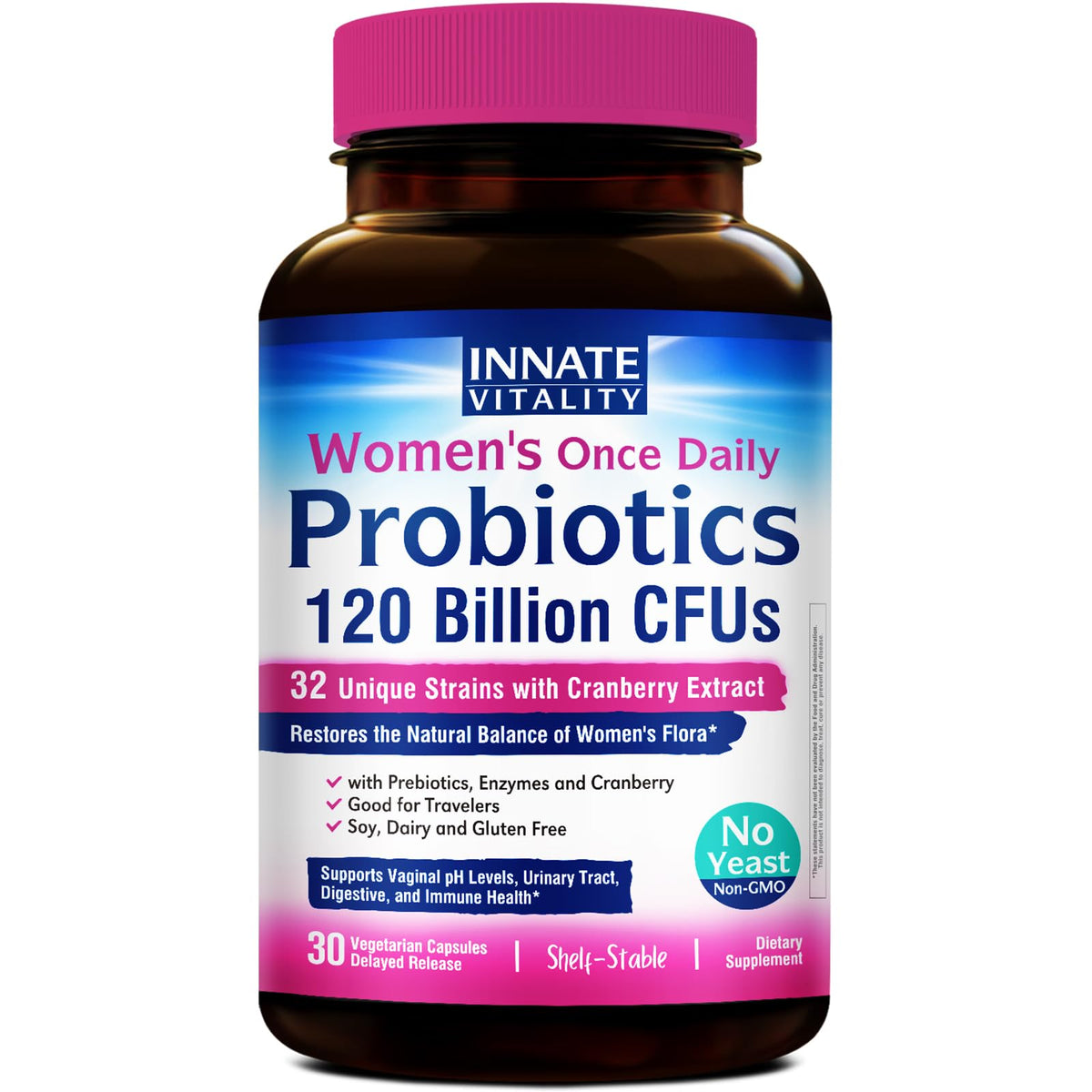 Innate Vitality Women's Probiotics, 120 Billion CFU, 32 Tested Strains, Probiotics for Women, Yeast Control, Vaginal pH Support, Prebiotics, Digestive Enzymes, Cranberry, Once Daily 30 Veggie Capsules - FENGGESTORE20