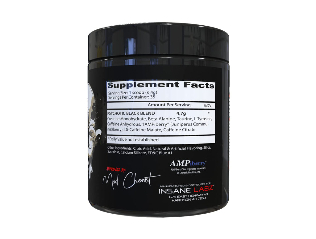 Insane Labz Psychotic Black Edition Mid Stimulant Pre Workout Powder, Energy Focus Pumps, Loaded with Creatine Beta Alanine Taurine Fueled by AMPiberry, 35 Servings (Blue Raspberry) - FENGGESTORE20