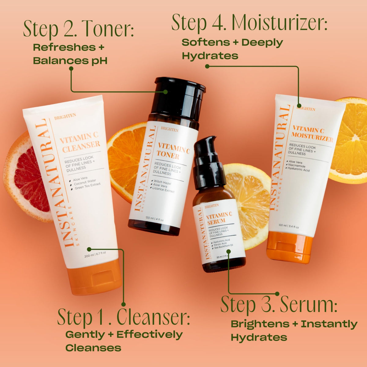 InstaNatural Vitamin C Face Serum, Brightens, Hydrates and Reduces Signs of Aging, with Vitamin C, Hyaluronic and Ferulic Acid, 1 FL Oz - FENGGESTORE20