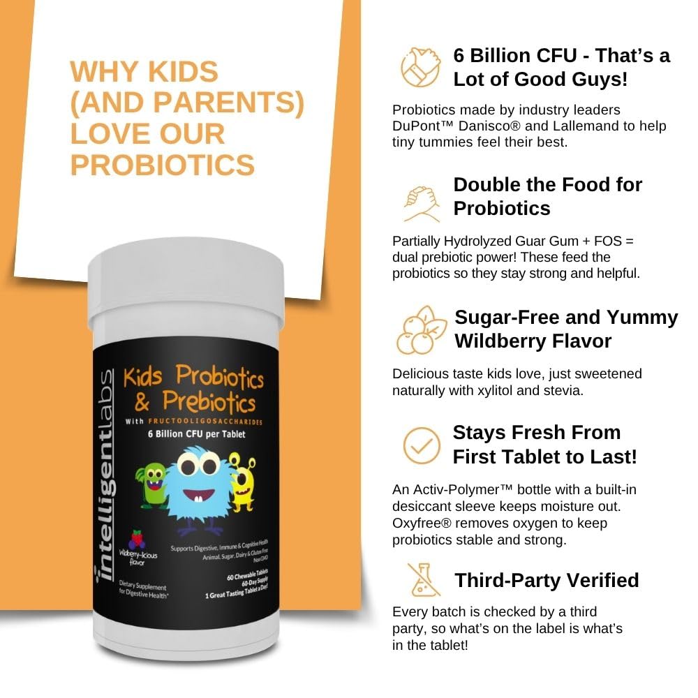 Intelligent Labs Kids/Children Probiotics 6 Billion CFU with Prebiotics, PHGG & FOS, Once-Daily Chewable, Great Taste, 10x Effectiveness - FENGGESTORE20