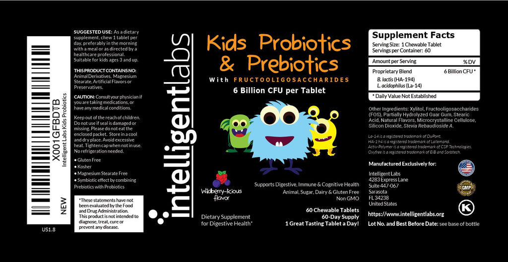 Intelligent Labs Kids/Children Probiotics 6 Billion CFU with Prebiotics, PHGG & FOS, Once-Daily Chewable, Great Taste, 10x Effectiveness - FENGGESTORE20