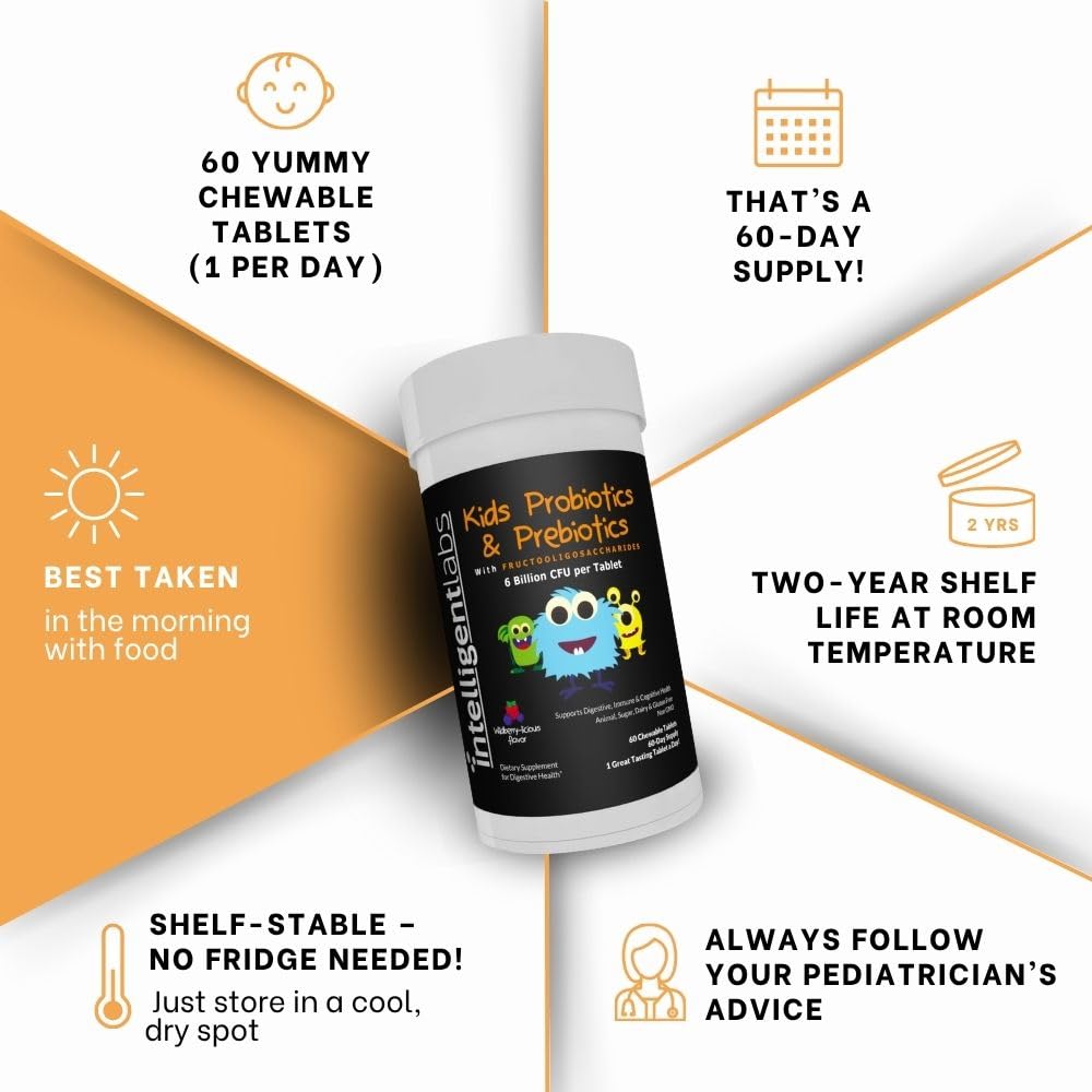 Intelligent Labs Kids/Children Probiotics 6 Billion CFU with Prebiotics, PHGG & FOS, Once-Daily Chewable, Great Taste, 10x Effectiveness - FENGGESTORE20