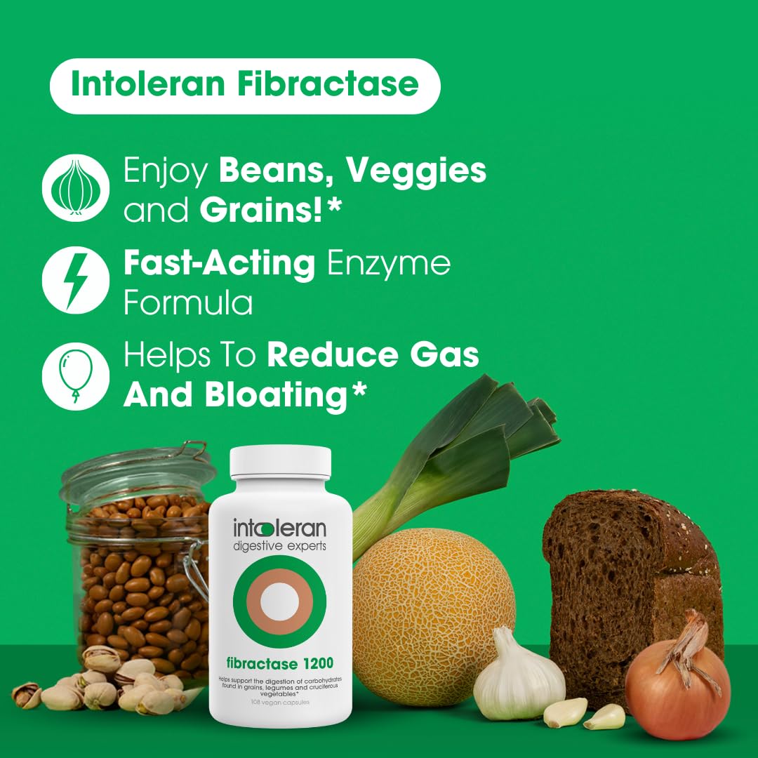 Intoleran Fibractase 1200 Digestive Enzymes - 108 Capsules | Supplement for Fructans & Galactans Intolerance | Helps Digest Carbohydrates; Grains, Legumes - FENGGESTORE20