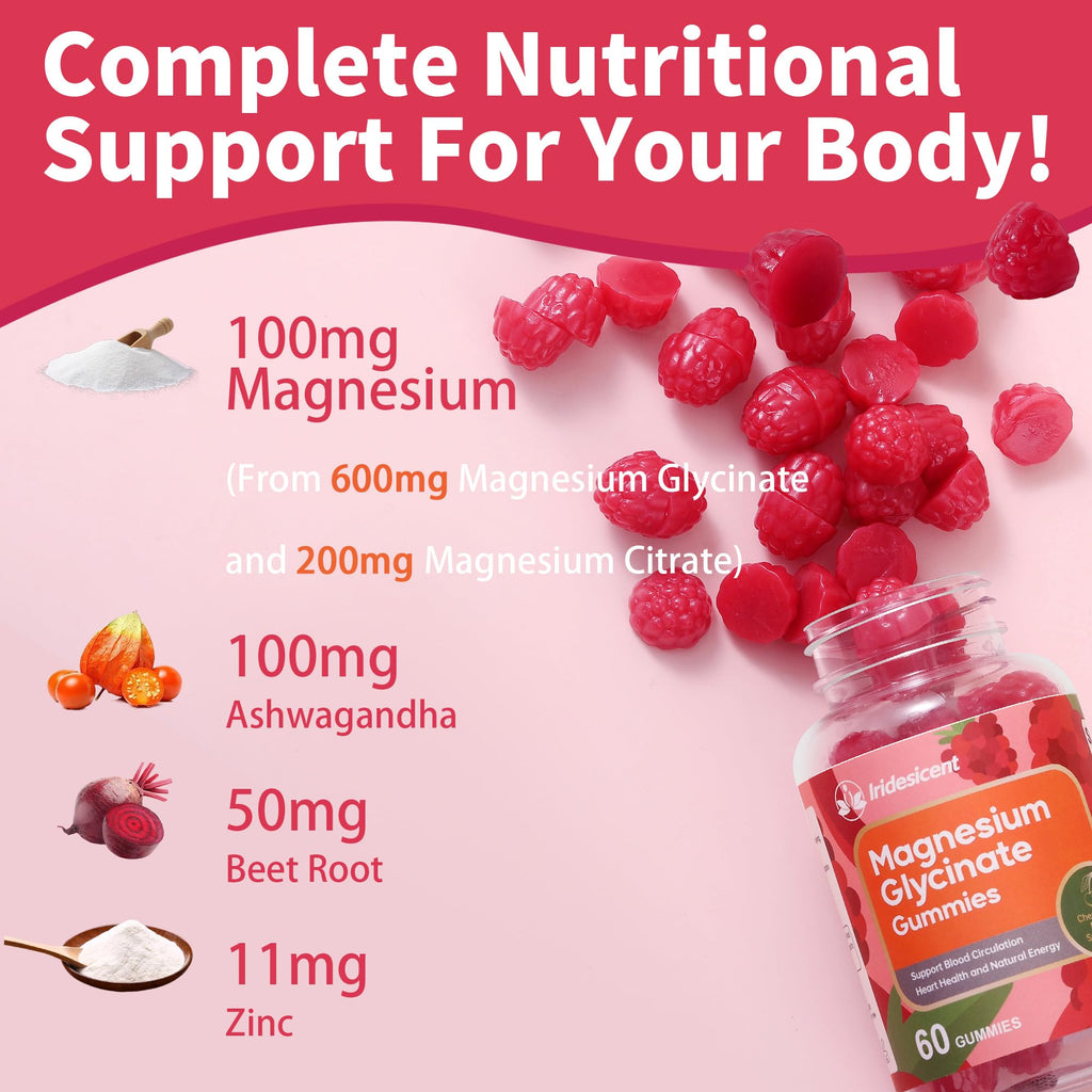 IRIDESICENT Magnesium Glycinate Gummies, Sugar Free Magnesium Supplement w/Ashwagandha, Zinc, Vegan Magnesium Glycinate Supplement for Adults - FENGGESTORE20