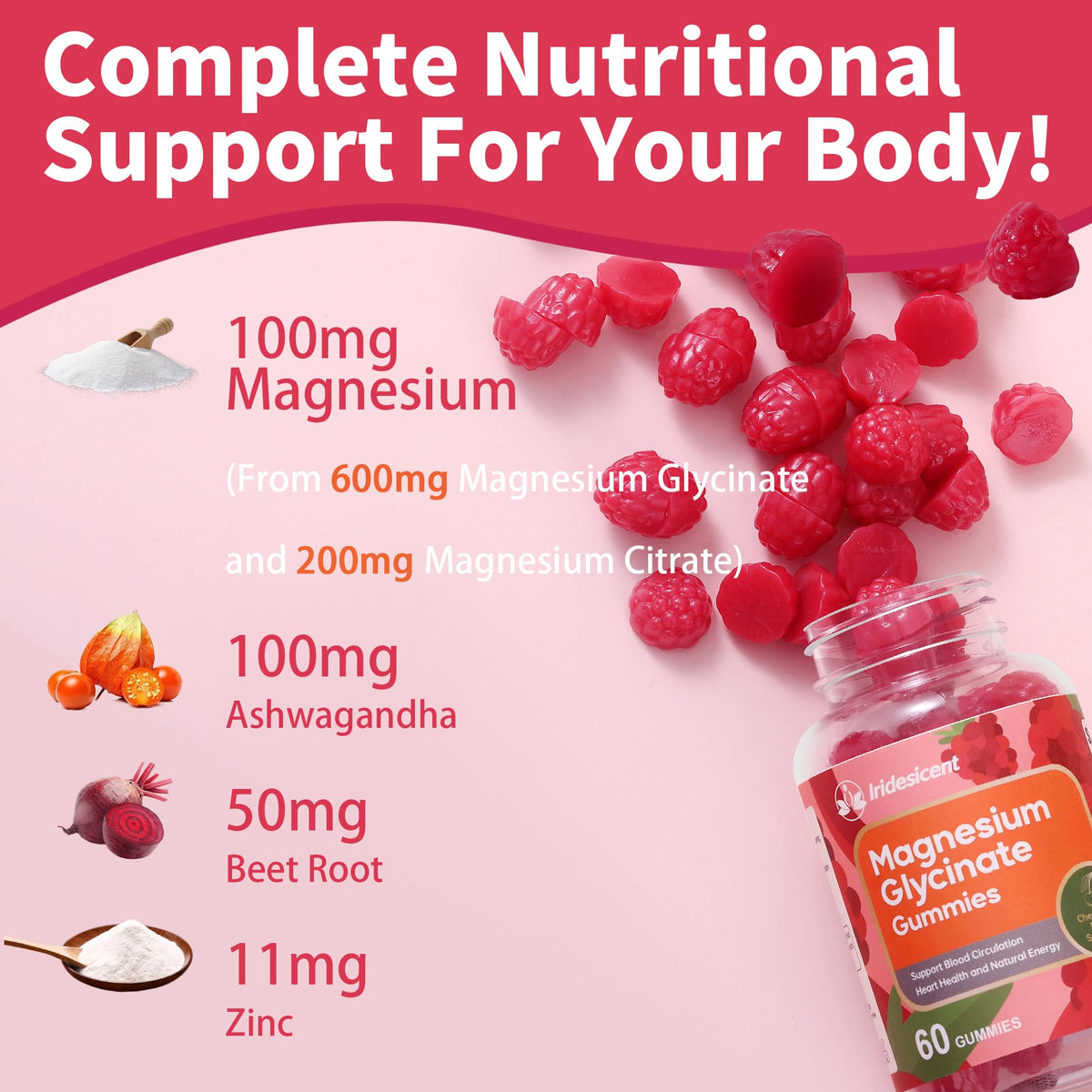 IRIDESICENT Magnesium Glycinate Gummies, Sugar Free Magnesium Supplement w/Ashwagandha, Zinc, Vegan Magnesium Glycinate Supplement for Adults - FENGGESTORE20