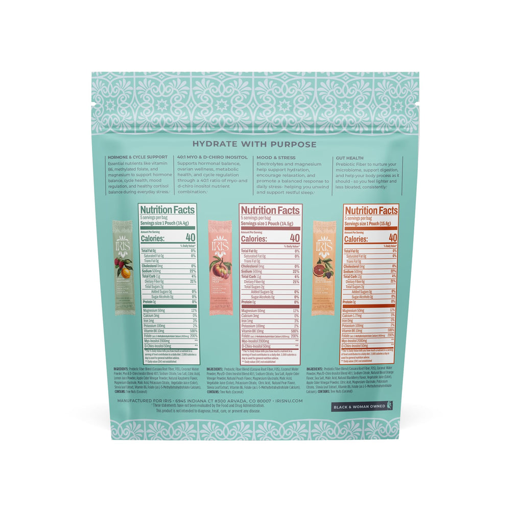 Iris Women’s Hormonal Health Daily Electrolyte Drink Mix | High Fiber, Essential B Vitamins for Mood Support | 40:1 Myo & D‑Chiro Inositol | Variety Pack, - FENGGESTORE20