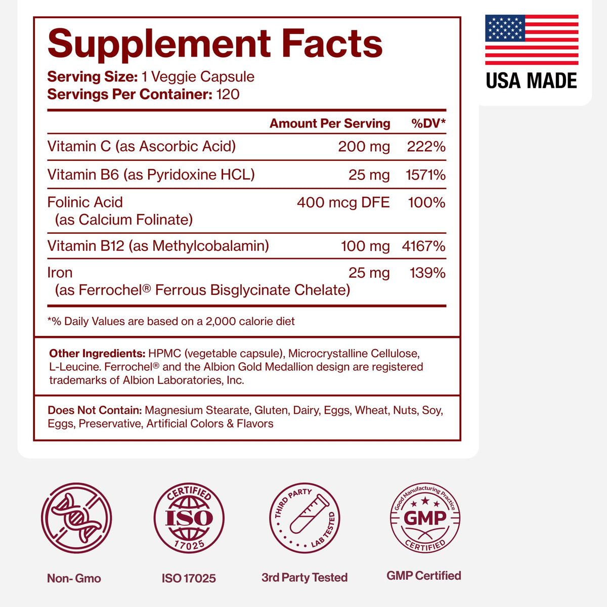 Iron Supplement for Women - Gentle Chelate Iron Bisglycinate 25mg with Vitamin C, B6, B12 Folic Acid – Supports Iron Deficiency - FENGGESTORE20