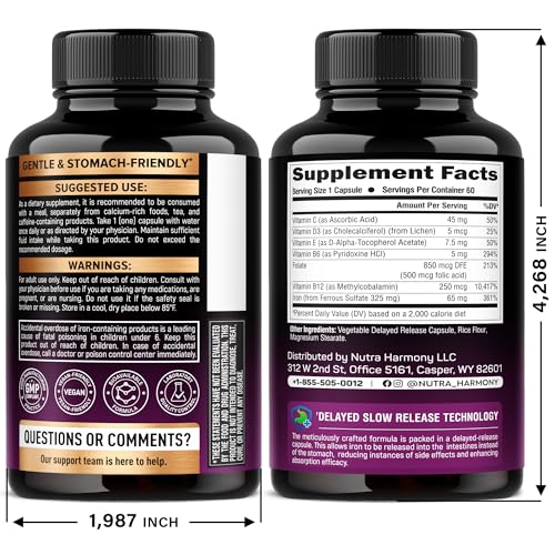 Iron Supplement for Women - Iron 65mg (Ferrous Sulfate 325mg) - Stomach Friendly | Slow Release Iron | High Absorption - Vitamins C, D3, B6, B12 & Folate - FENGGESTORE20