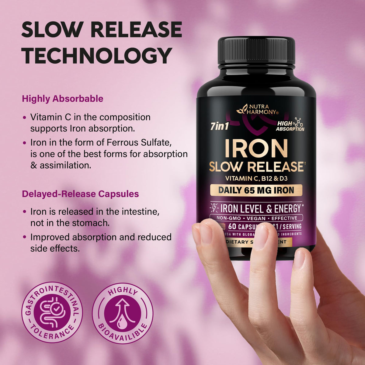 Iron Supplement for Women - Iron 65mg (Ferrous Sulfate 325mg) - Stomach Friendly | Slow Release Iron | High Absorption - Vitamins C, D3, B6, B12 & Folate - FENGGESTORE20