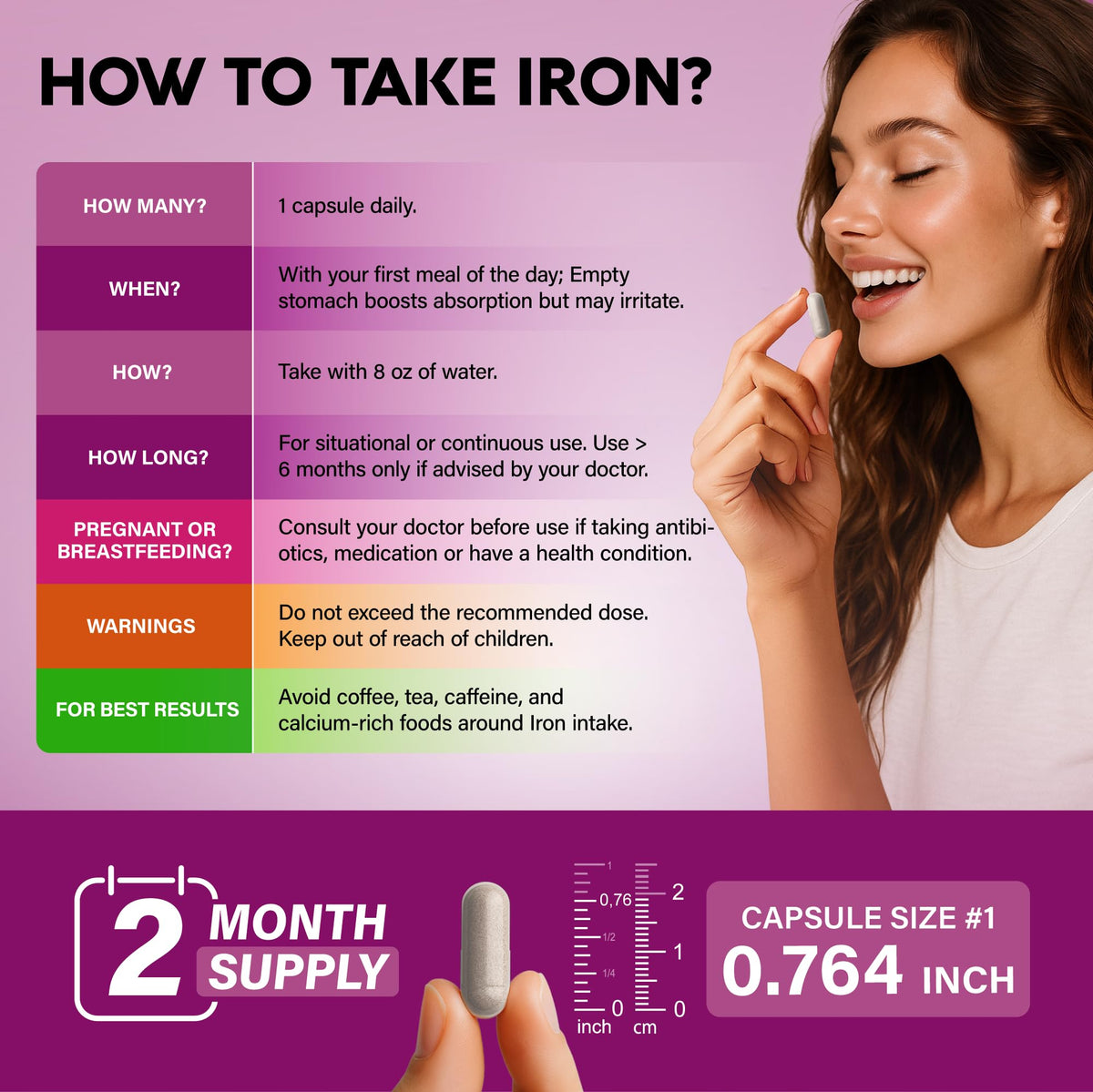 Iron Supplement for Women - Iron 65mg (Ferrous Sulfate 325mg) - Stomach Friendly | Slow Release Iron | High Absorption - Vitamins C, D3, B6, B12 & Folate - FENGGESTORE20