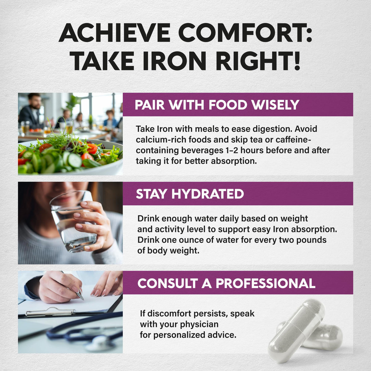 Iron Supplement for Women - Iron 65mg (Ferrous Sulfate 325mg) - Stomach Friendly | Slow Release Iron | High Absorption - Vitamins C, D3, B6, B12 & Folate - FENGGESTORE20