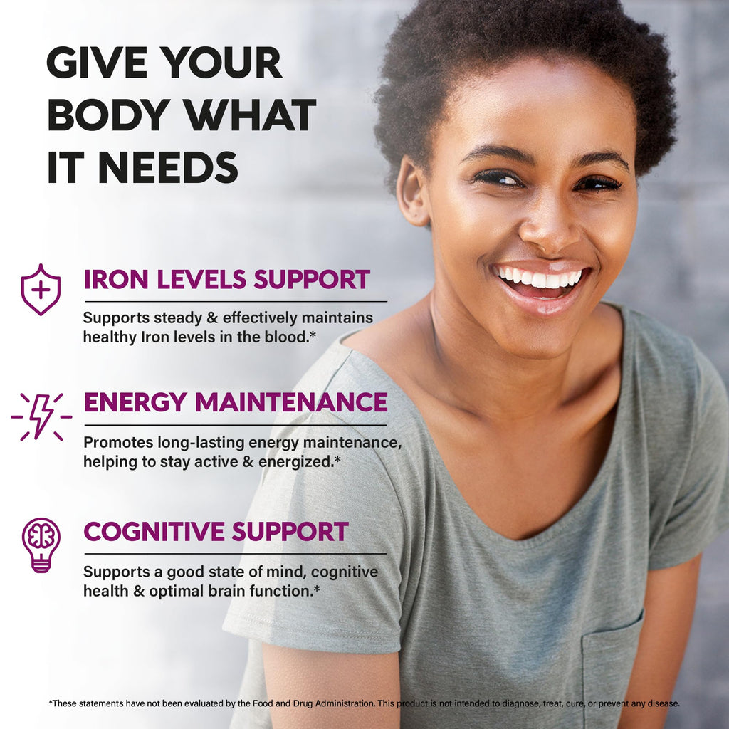 Iron Supplement for Women - Iron 65mg (Ferrous Sulfate 325mg) - Stomach Friendly | Slow Release Iron | High Absorption - Vitamins C, D3, B6, B12 & Folate - FENGGESTORE20