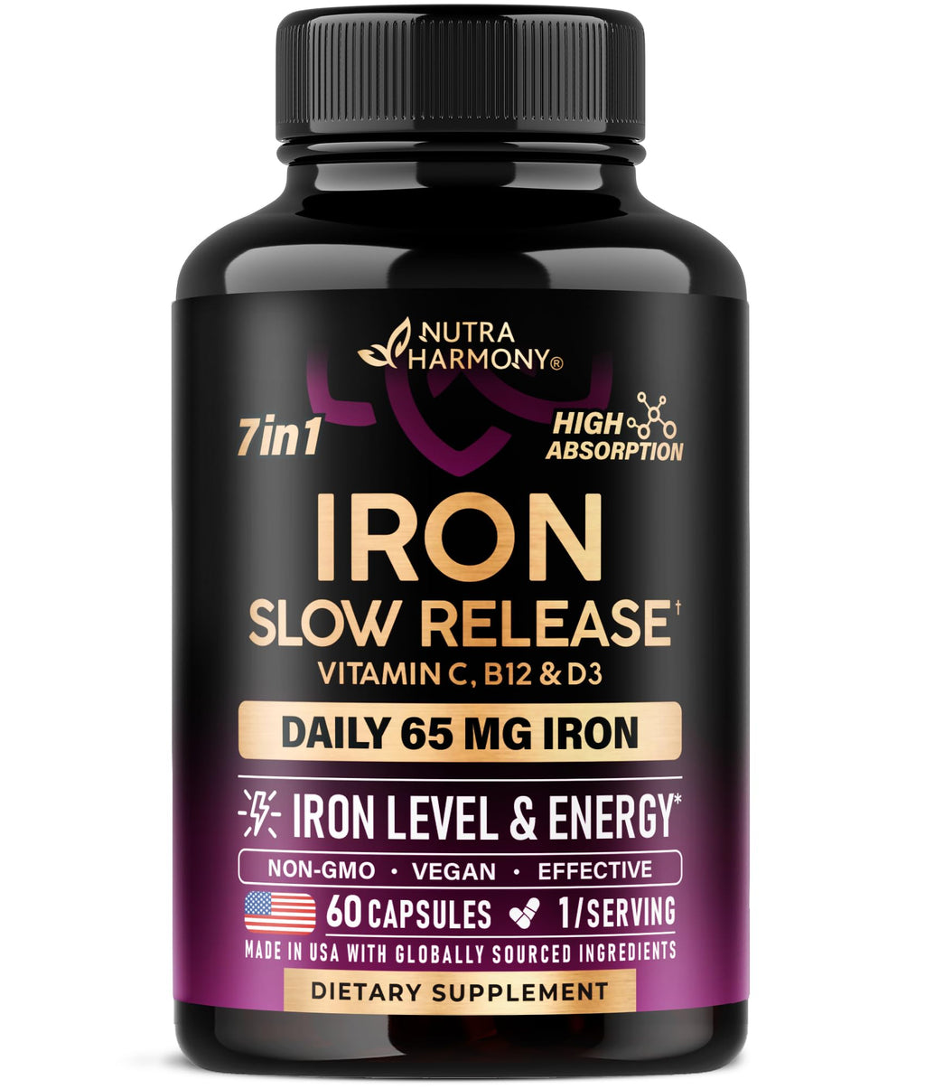 Iron Supplement for Women - Iron 65mg (Ferrous Sulfate 325mg) - Stomach Friendly | Slow Release Iron | High Absorption - Vitamins C, D3, B6, B12 & Folate - FENGGESTORE20