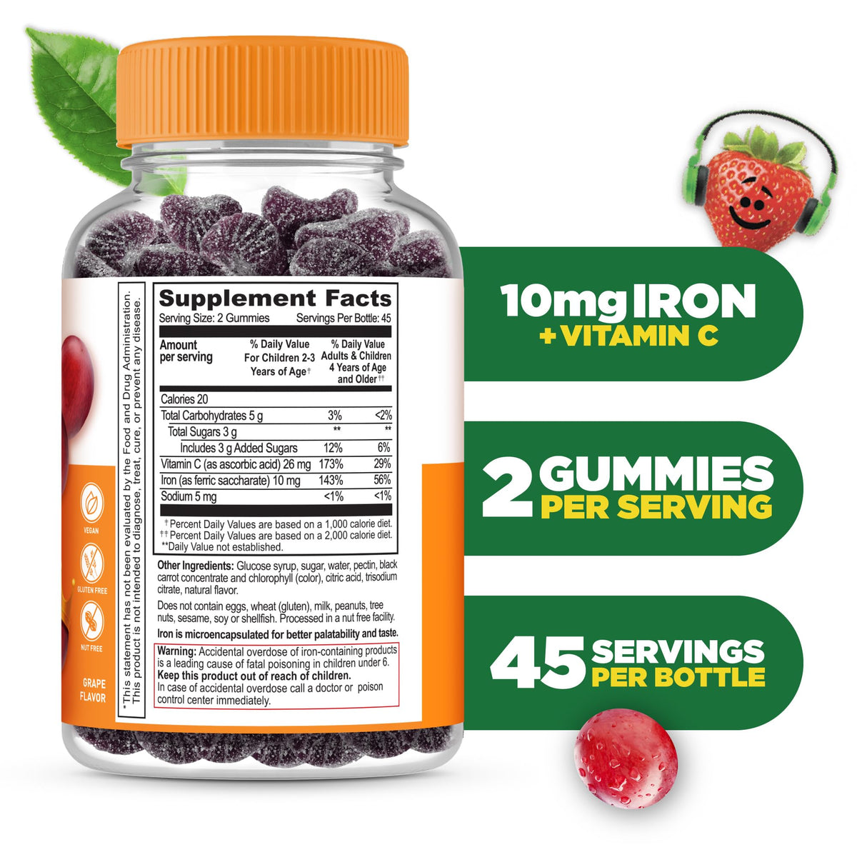 Iron Supplements for Kids | 10mg | with Vitamin C | Great Tasting Iron Gummies for Kids | Vegan Non GMO Kids Iron | for Immune Health - FENGGESTORE20