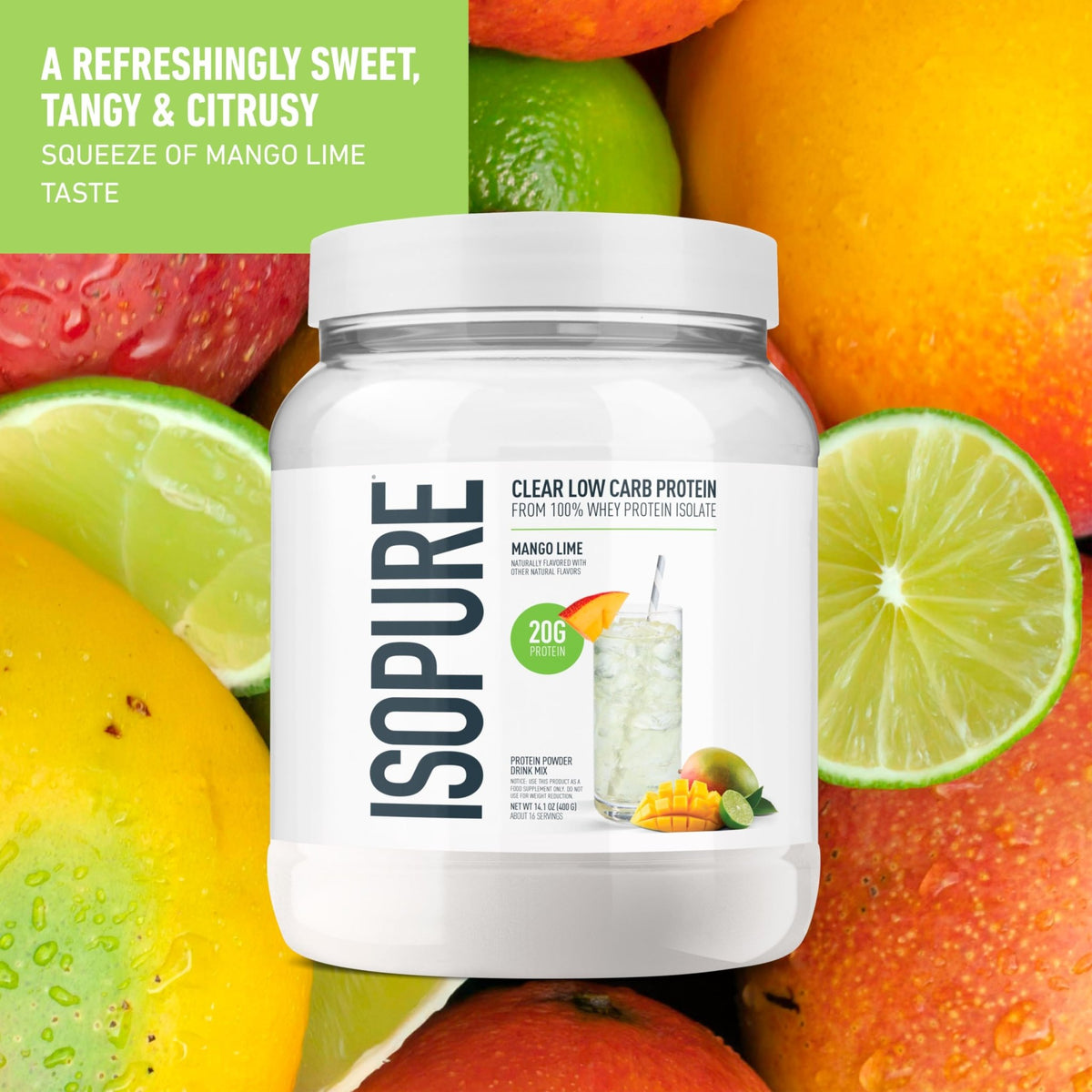 Isopure Clear Whey Isolate Protein Powder, Lactose Free, Gluten Free, Naturally Flavored, Mango Lime, 20g Protein Per Serving, 14.1 Oz, 16 Servings (Packaging May Vary) - FENGGESTORE20