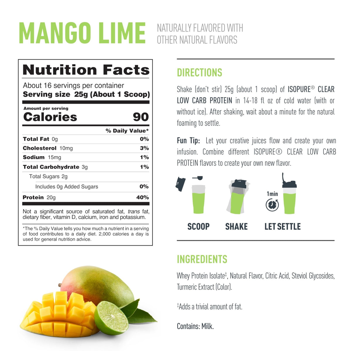 Isopure Clear Whey Isolate Protein Powder, Lactose Free, Gluten Free, Naturally Flavored, Mango Lime, 20g Protein Per Serving, 14.1 Oz, 16 Servings (Packaging May Vary) - FENGGESTORE20