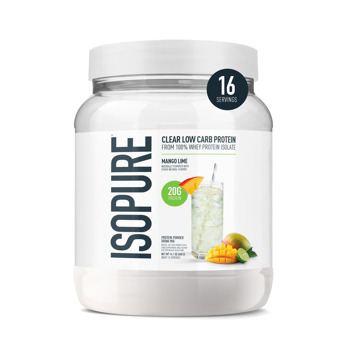 Isopure Clear Whey Isolate Protein Powder, Lactose Free, Gluten Free, Naturally Flavored, Mango Lime, 20g Protein Per Serving, 14.1 Oz, 16 Servings (Packaging May Vary) - FENGGESTORE20