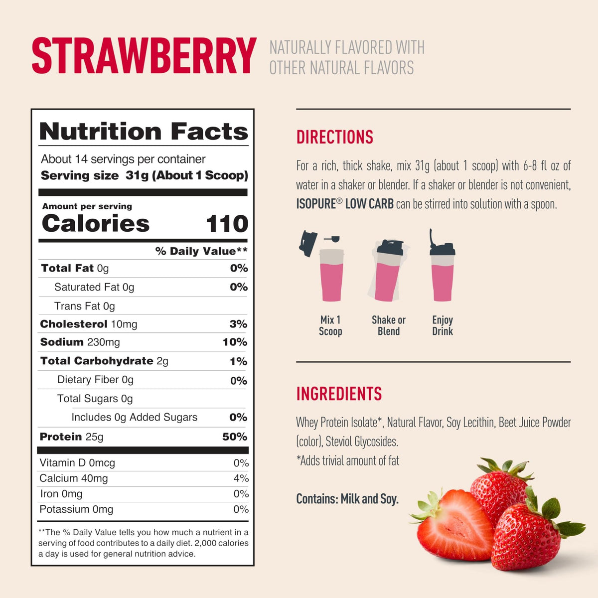 Isopure Low Carb 100% Pure Whey Isolate Protein Powder, Lactose Free, Gluten Free, With Vitamins, Strawberry, 25g Protein Per Serving, 1 Lb, 14 Servings (Packaging May Vary) - FENGGESTORE20