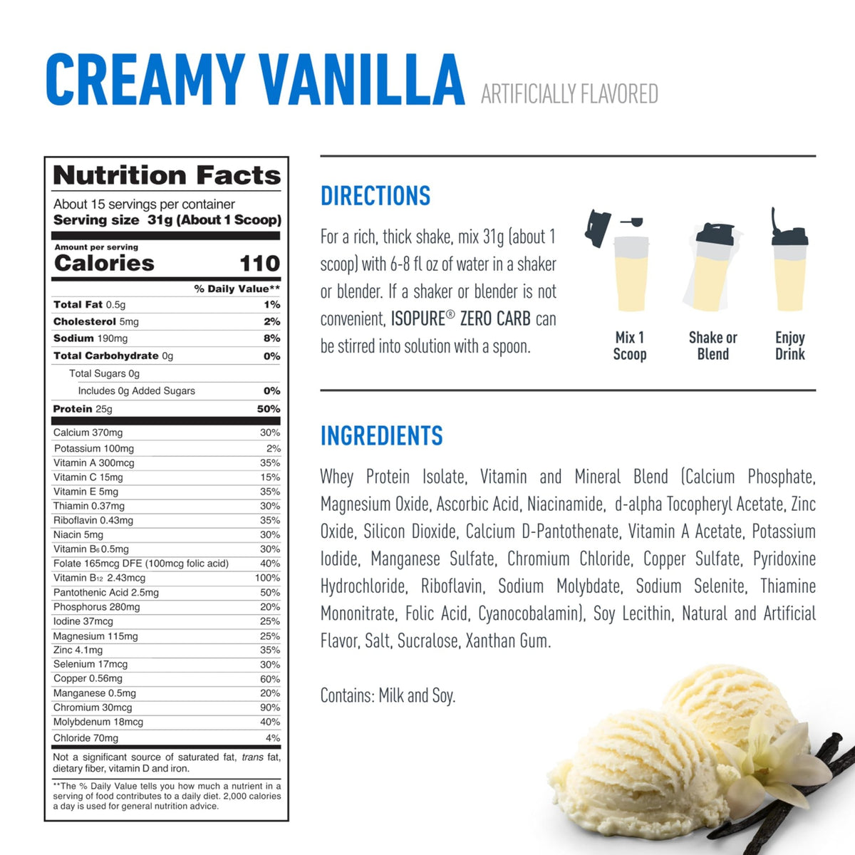 Isopure Zero Carb 100% Pure Whey Isolate Protein Powder, Lactose Free, Gluten Free, with Vitamins, Creamy Vanilla, 25g Protein Per Serving, 1 Lb, - FENGGESTORE20