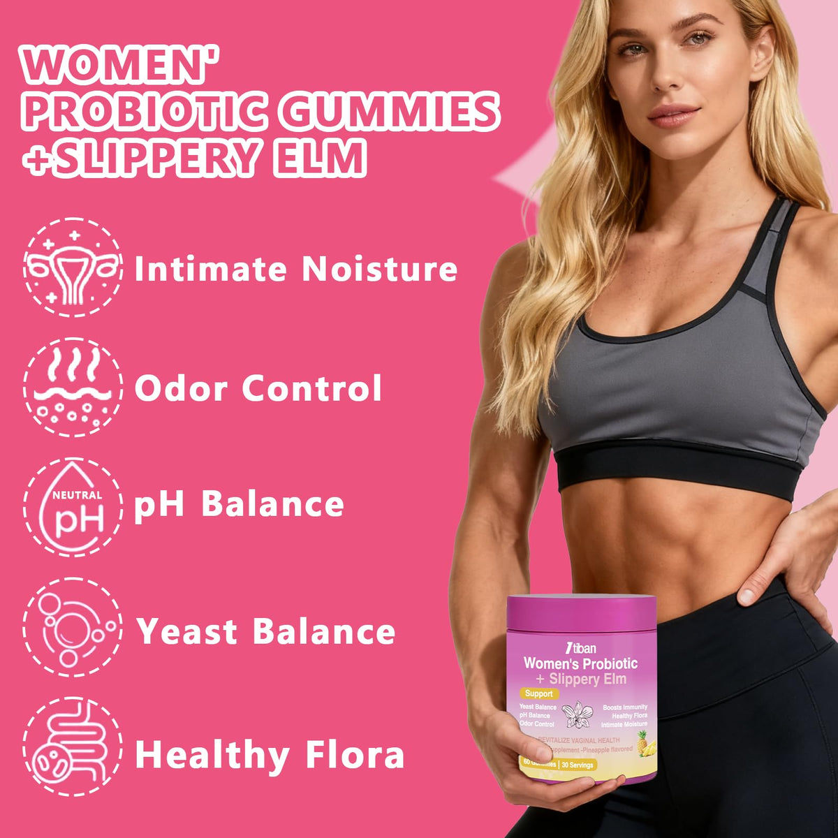 Itiban Feminine Vaginal Probiotics Gummies, Supports pH Balance & Digestive Health, Slippery Elm for Women, Suagr-Free - FENGGESTORE20
